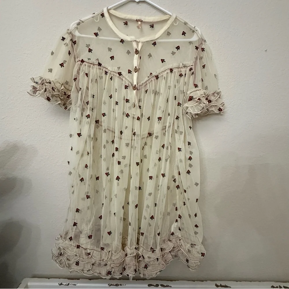 Free People Folklore Frock Dress XS Cream Sheer Embroidered Floral Boho Babydoll